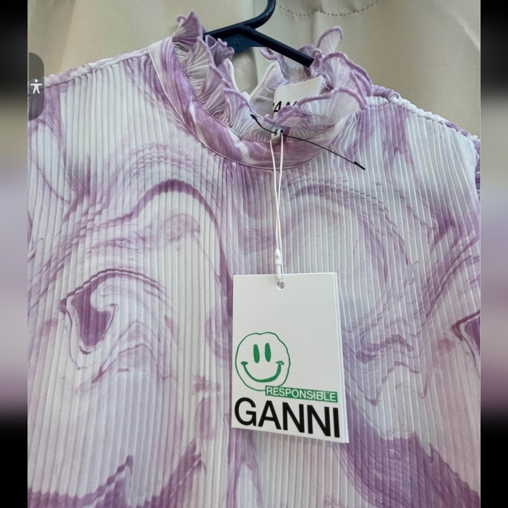 Ganni Purple and White Long Sleeve Mock Neck Dress, new with label - Picture 3 of 11